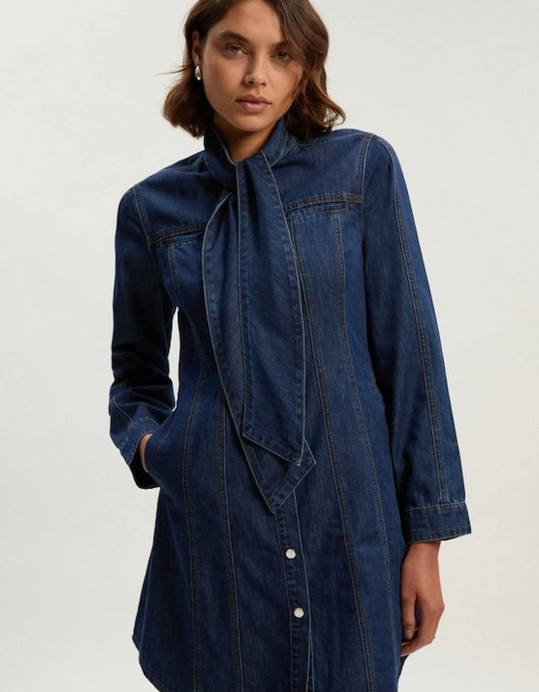 Denim Pussy Bow Shirt Dress, 2 of 1