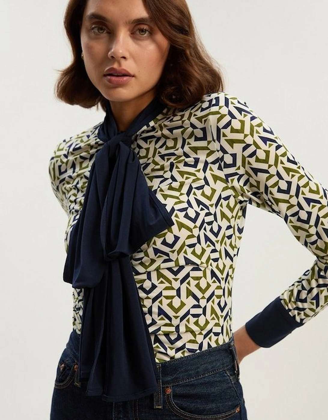Geo Print Crepe Tie Neck Crepe Shirt, 4 of 3