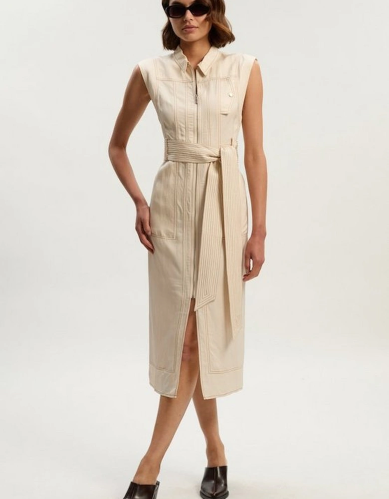 Premium Linen Twill Topstitch Woven Sleeveless Midi Dress