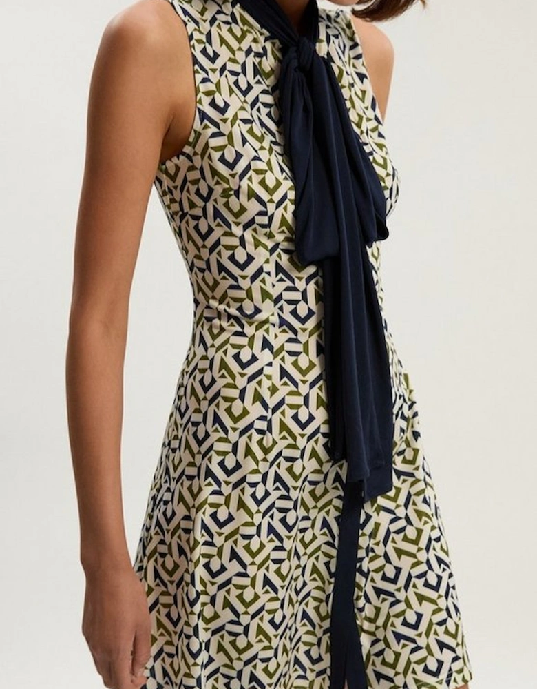 Petite Geo Print Crepe Tie Neck Mini Dress