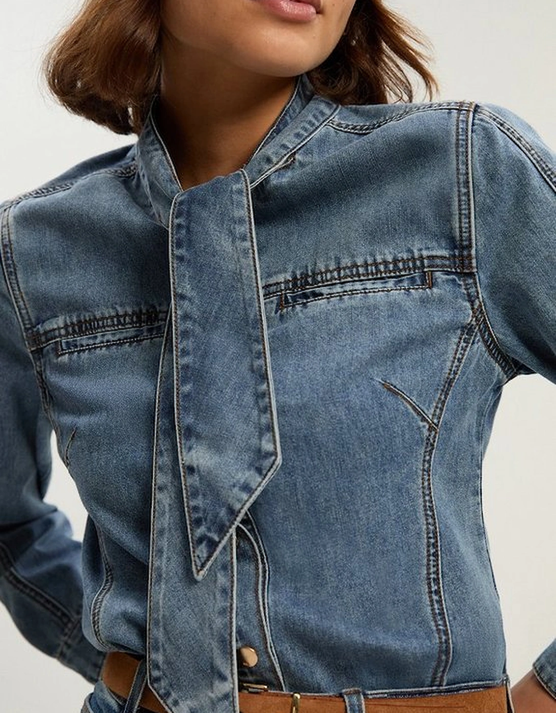 Denim Pussy Bow Blouse, 2 of 1