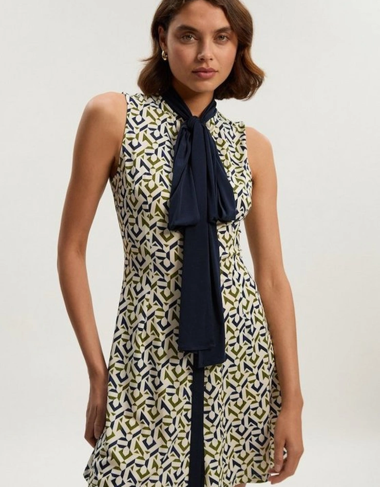 Tall Geo Print Crepe Tie Neck Mini Dress