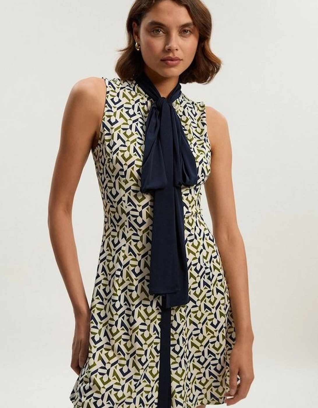 Tall Geo Print Crepe Tie Neck Mini Dress, 5 of 4