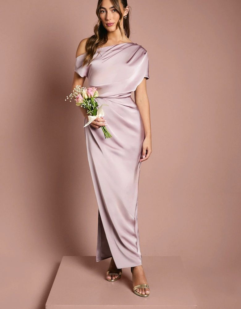 Satin Ruched Detail Off The Shoulder Maxi Bridesmaid Dress