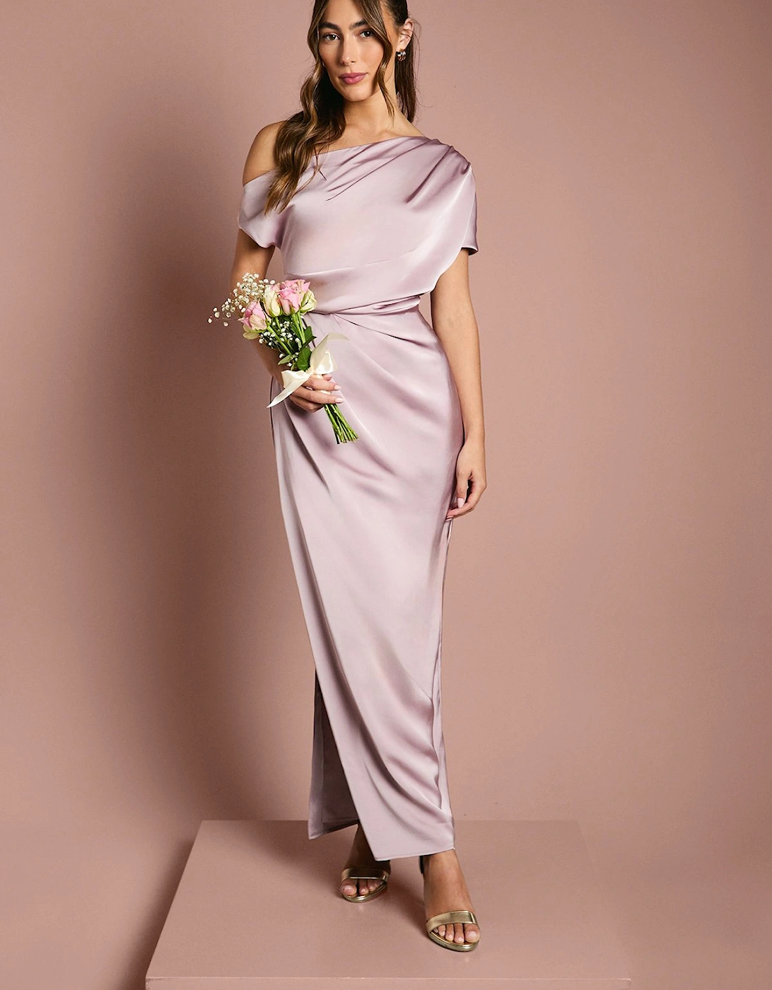 Satin Ruched Detail Off The Shoulder Maxi Bridesmaid Dress, 2 of 1