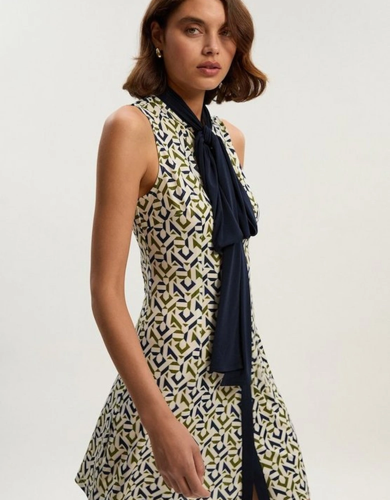 Geo Print Crepe Tie Neck Mini Dress