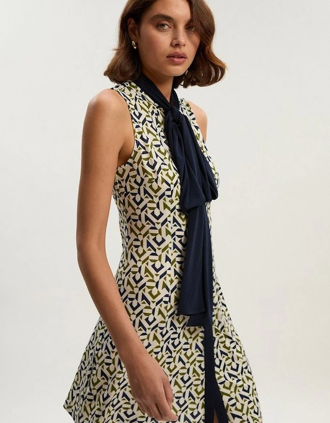 Geo Print Crepe Tie Neck Mini Dress, 4 of 3