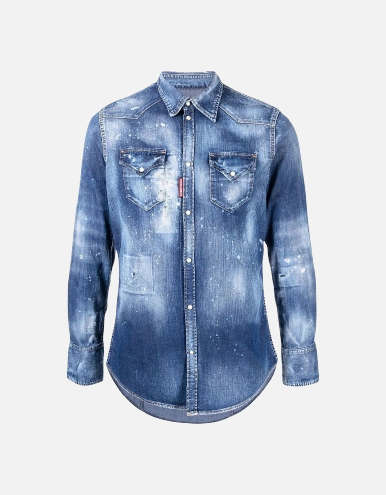 Dsquare2 Paint Splatter Design Blue Denim Shirt