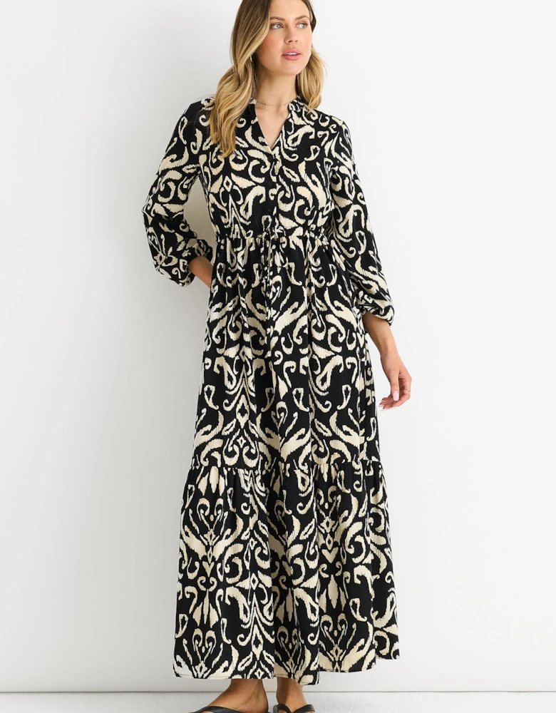Black Ikat Print Tie Waist Maxi Dress