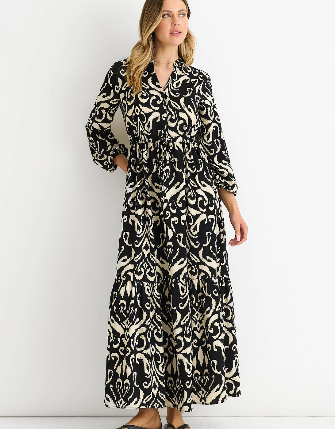 Gini London Women's Black Ikat Print Tie Waist Maxi Dress - Size: 10/12