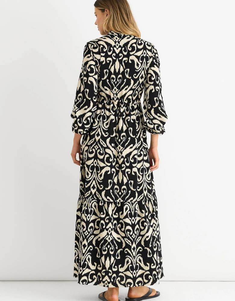 Black Ikat Print Tie Waist Maxi Dress