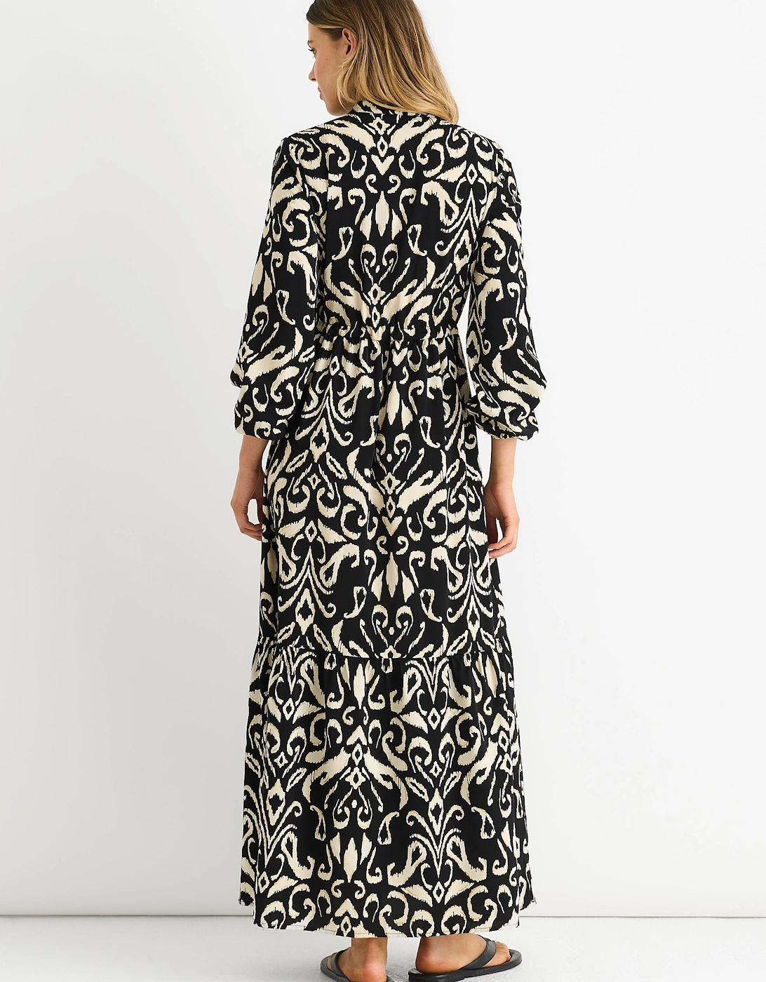 Black Ikat Print Tie Waist Maxi Dress