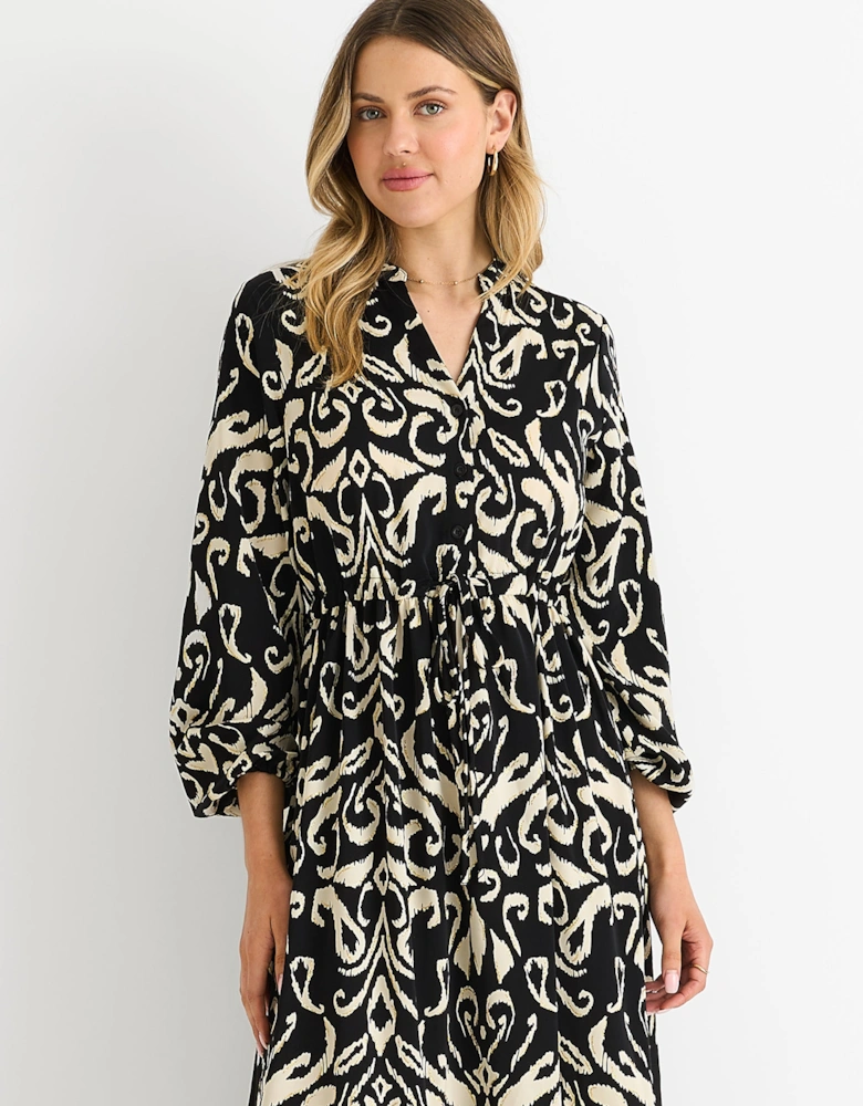 Black Ikat Print Tie Waist Maxi Dress