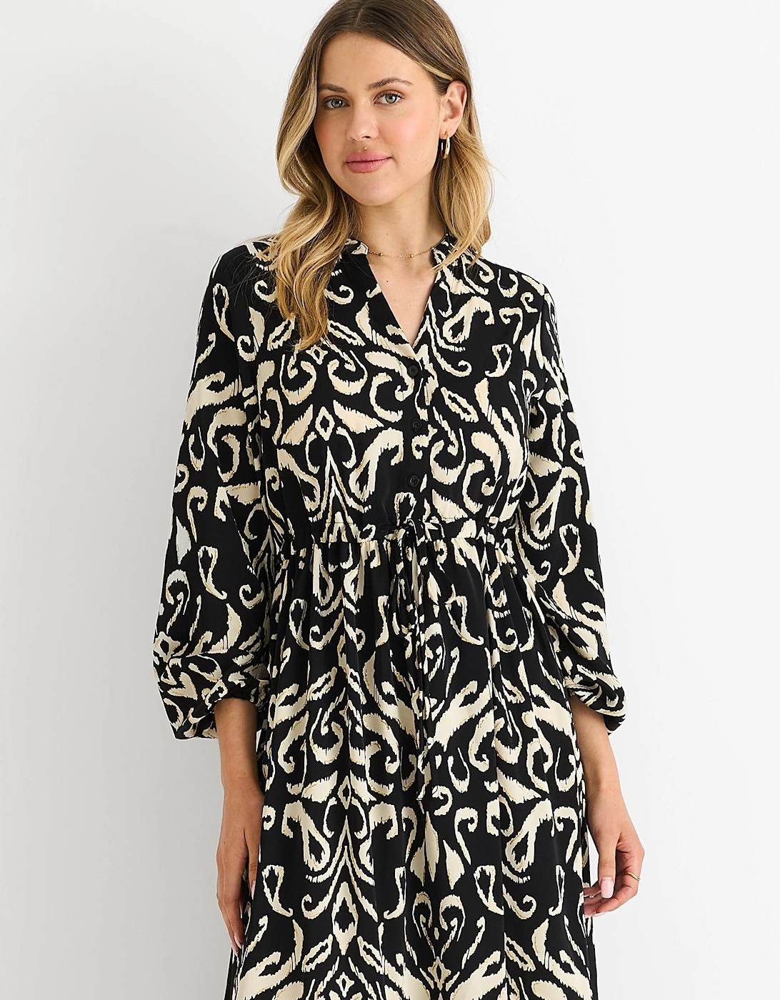 Black Ikat Print Tie Waist Maxi Dress