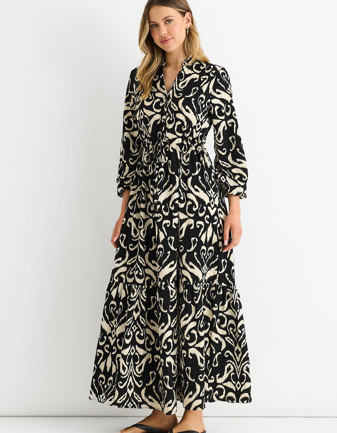 Black Ikat Print Tie Waist Maxi Dress
