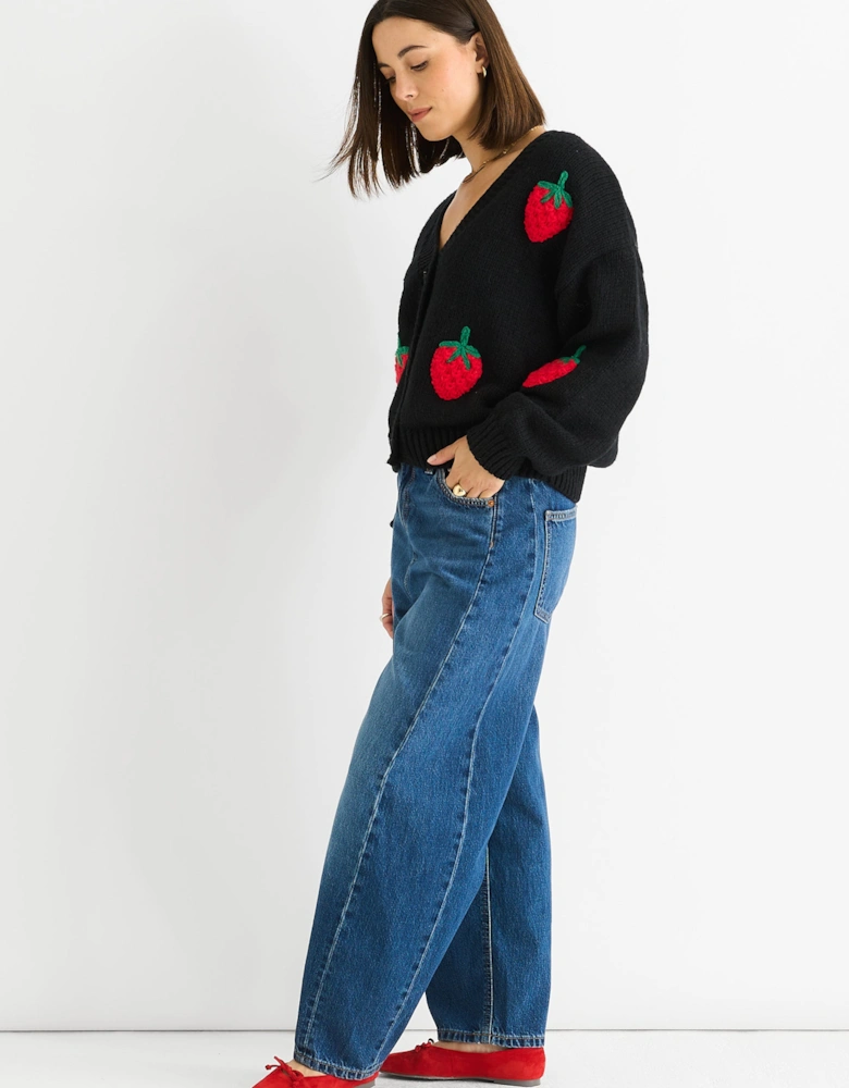 Black Contrast Strawberry Knitted Short Cardigan