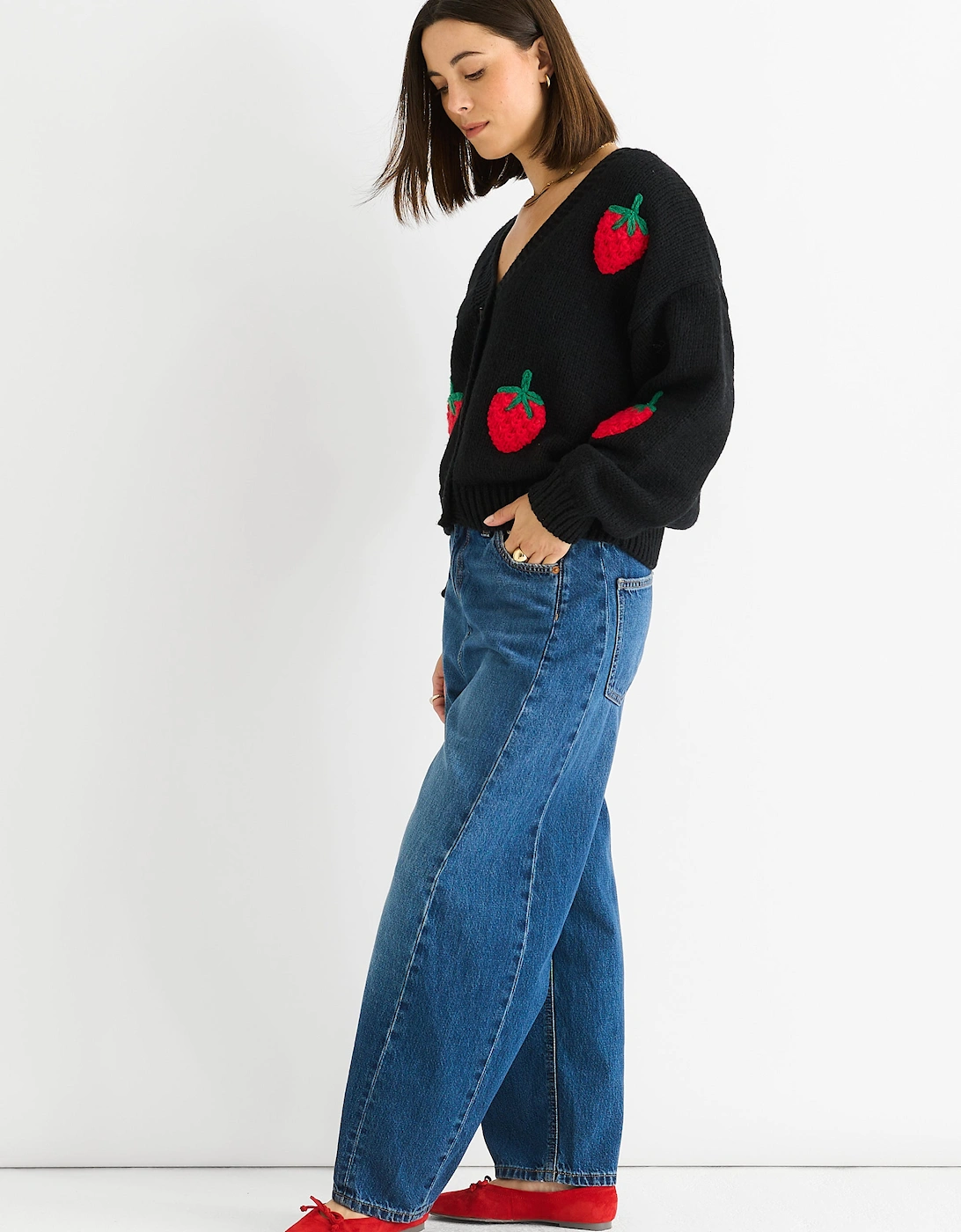 Black Contrast Strawberry Knitted Short Cardigan