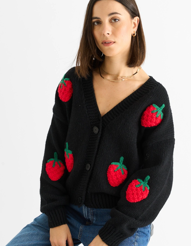 Black Contrast Strawberry Knitted Short Cardigan