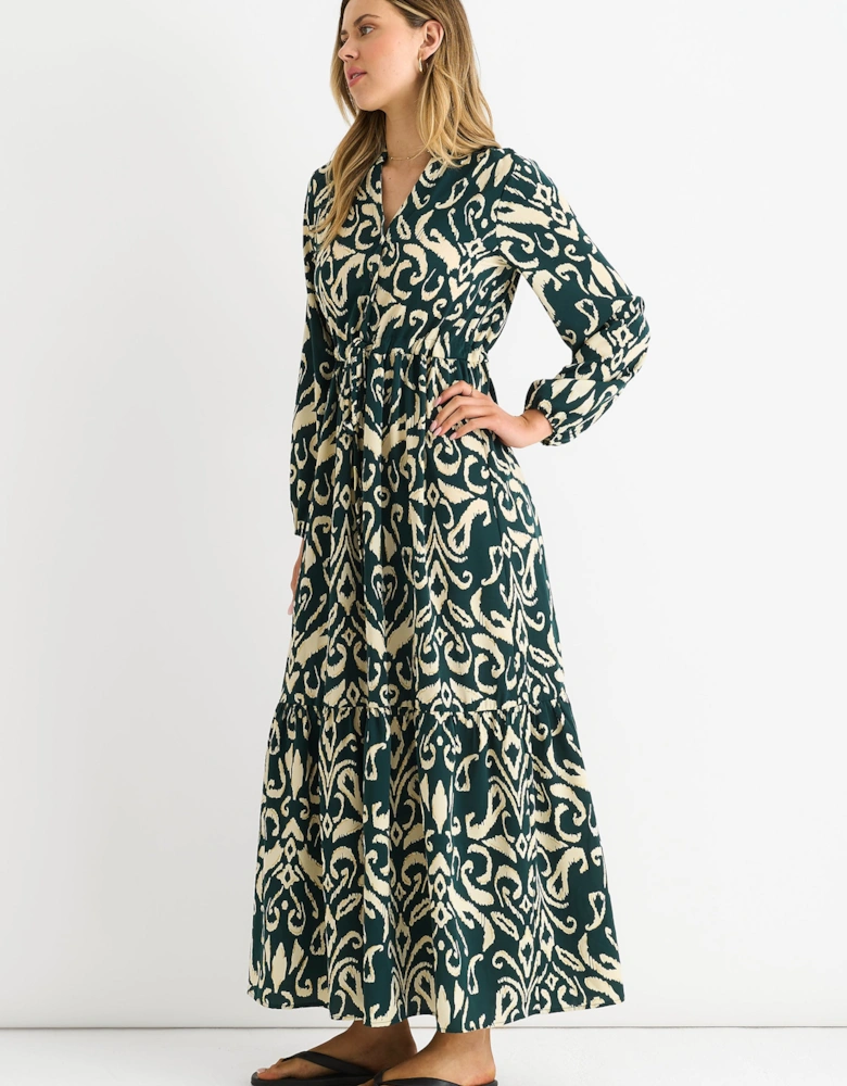 Green Ikat Print Tie Waist Maxi Dress