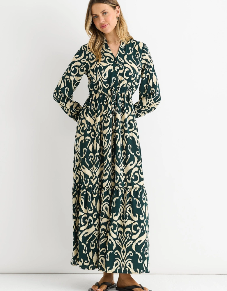 Green Ikat Print Tie Waist Maxi Dress