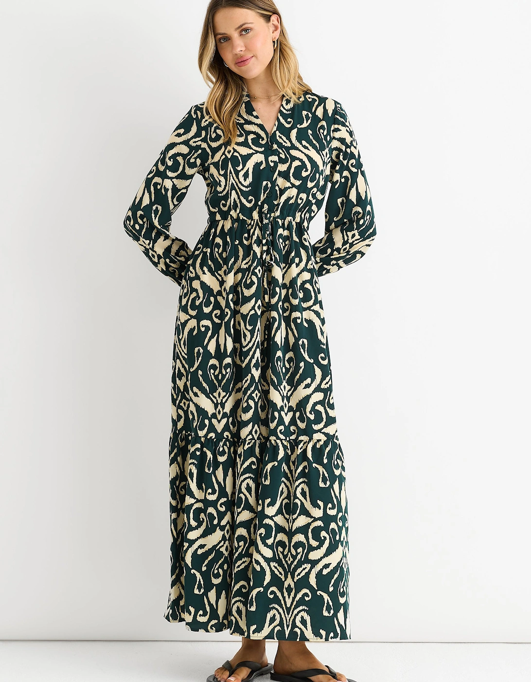 Gini London Gini London Women's Green Ikat Print Tie Waist Maxi Dress