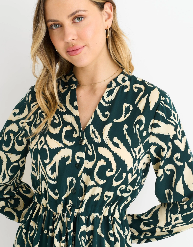 Green Ikat Print Tie Waist Maxi Dress