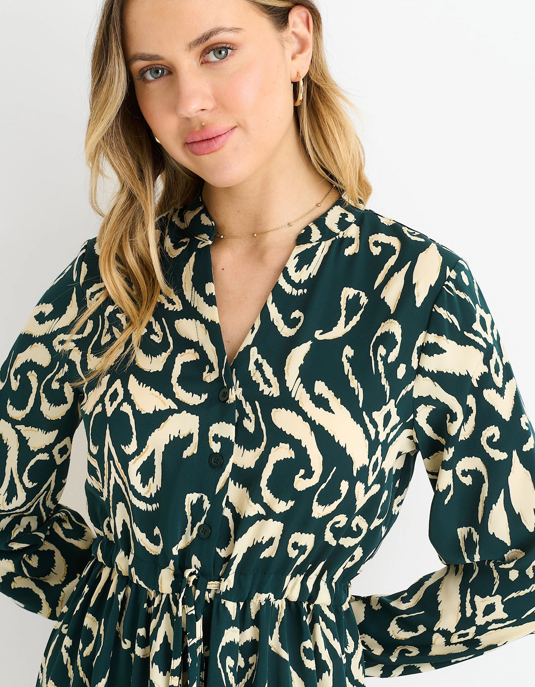 Green Ikat Print Tie Waist Maxi Dress
