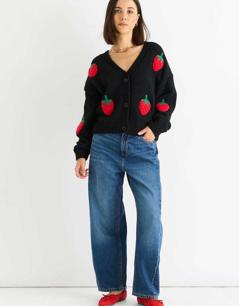 Black Contrast Strawberry Knitted Short Cardigan