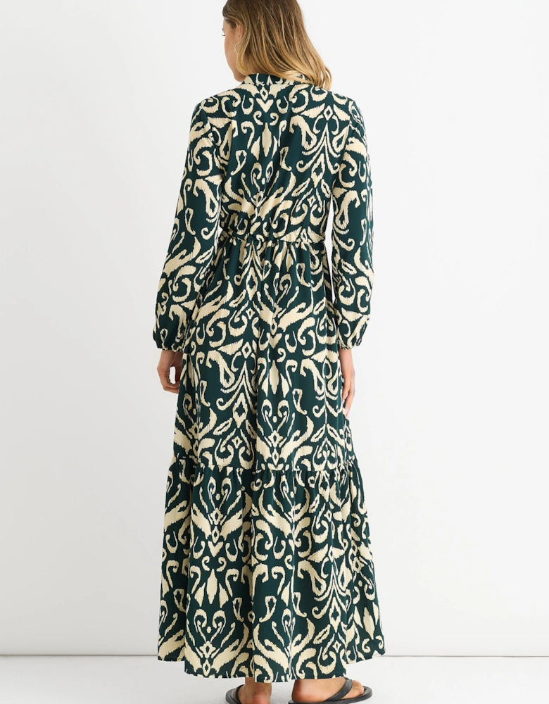Green Ikat Print Tie Waist Maxi Dress