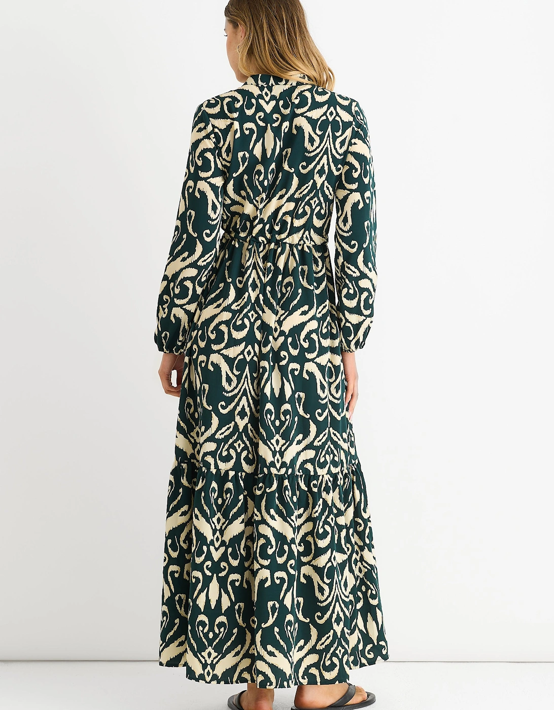 Green Ikat Print Tie Waist Maxi Dress