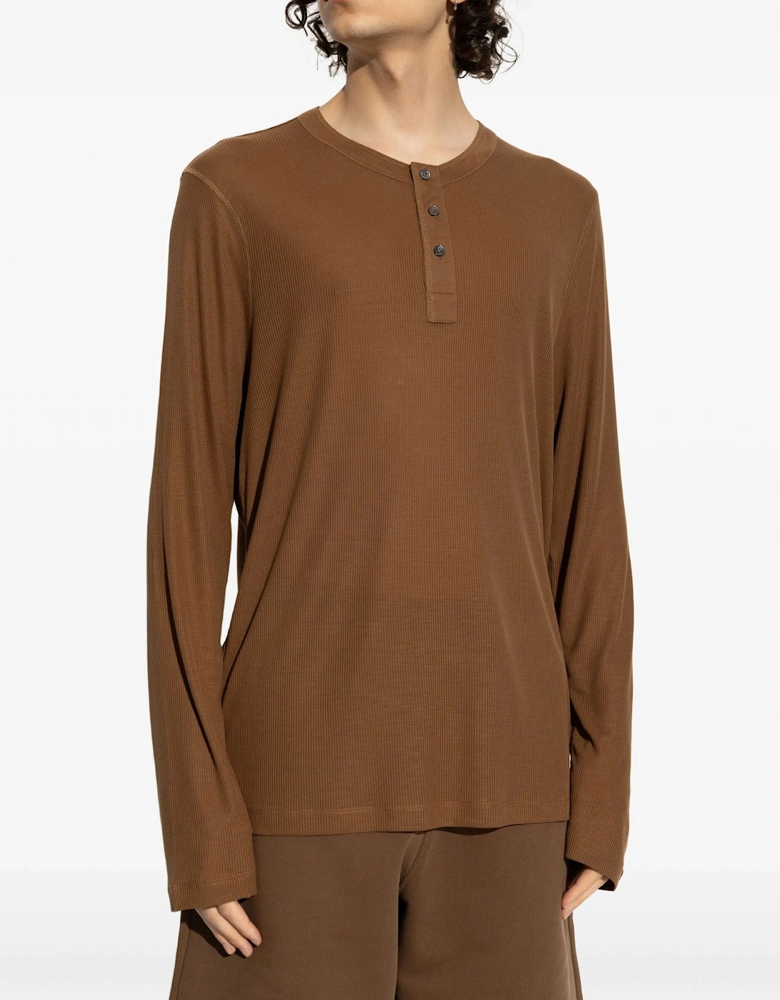 Buttoned Placket Rib T-Shirt Brown