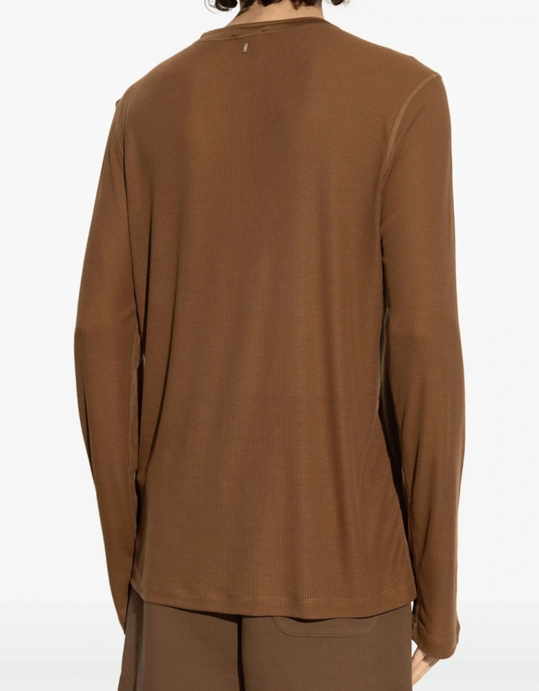 Buttoned Placket Rib T-Shirt Brown