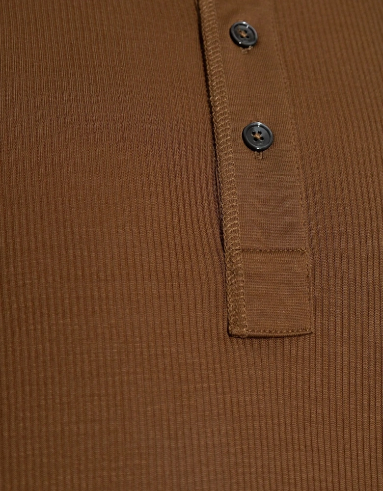 Buttoned Placket Rib T-Shirt Brown
