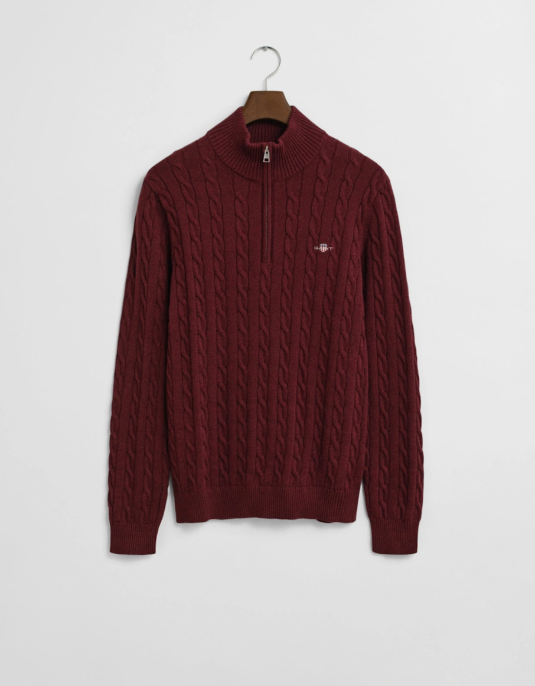 Mens Cotton Cable Half Zip Jumper - 677 Bordeaux Melange, 2 of 1