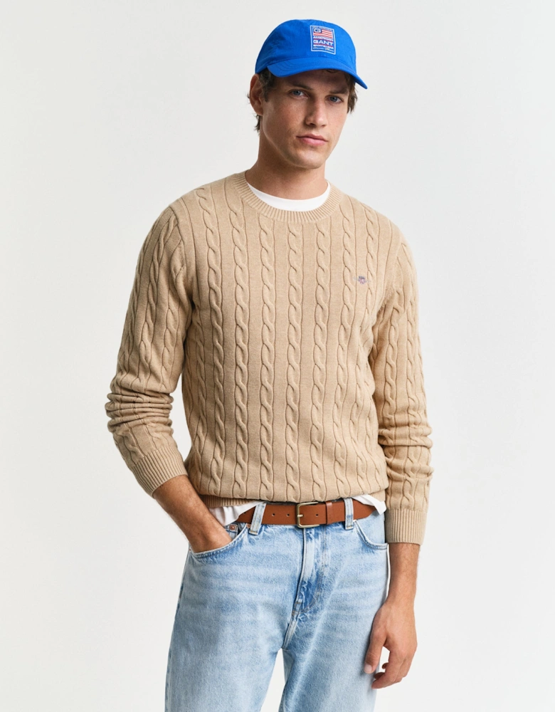Mens Cotton Cable Knit Crew Neck Jumper - 296 Khaki Mel