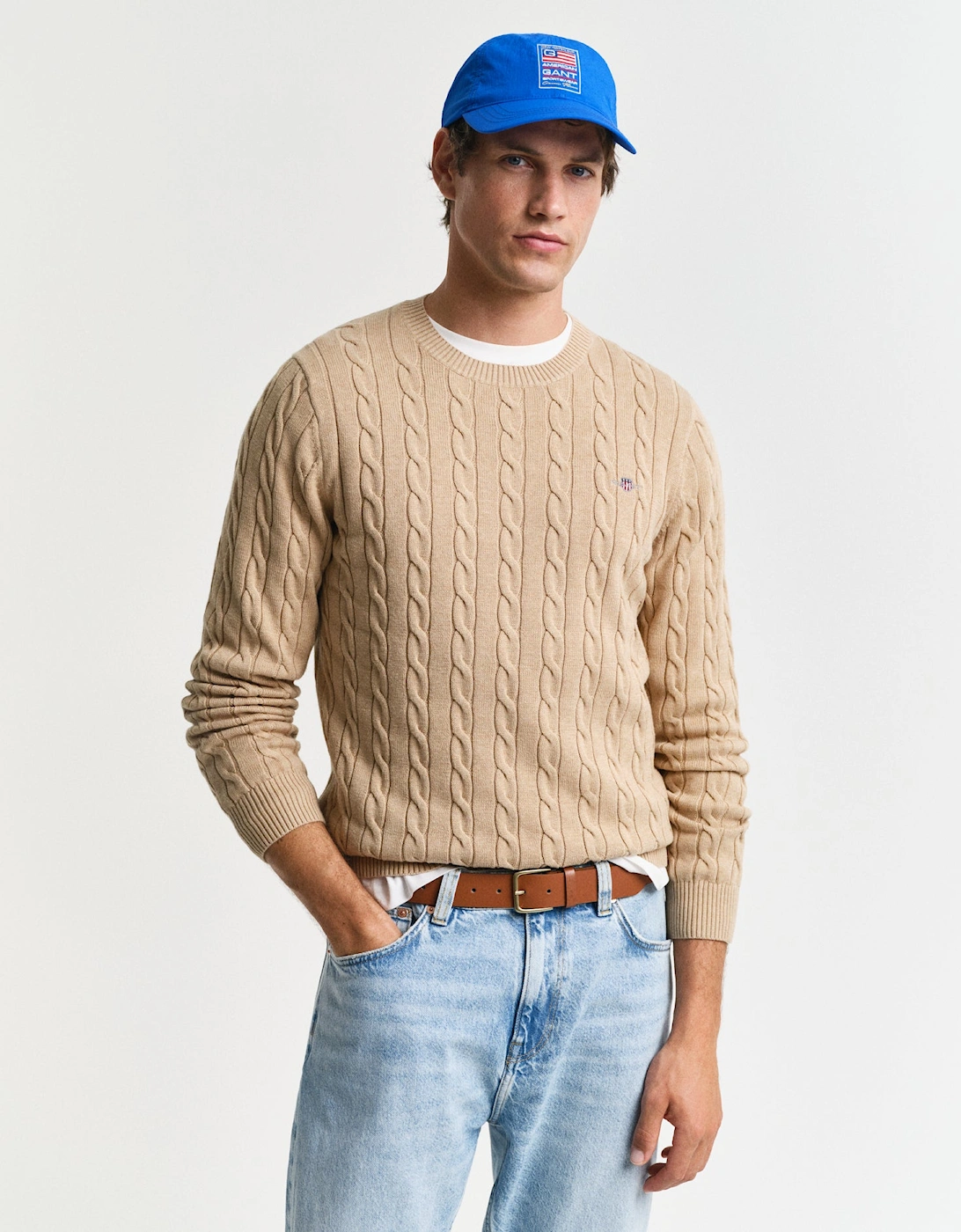 Mens Cotton Cable Knit Crew Neck Jumper - 296 Khaki Mel, 2 of 1