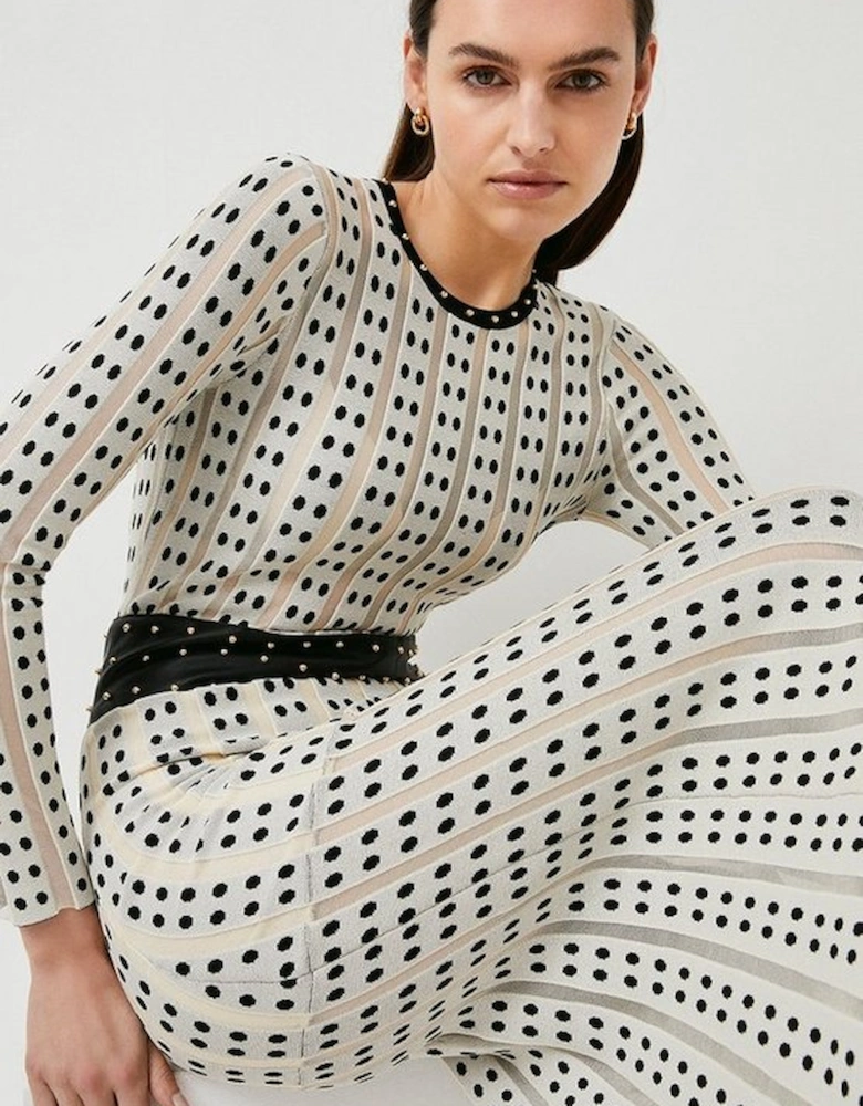 Sheer Knit Polka Dot Stud Detail Jacquard Maxi Dress