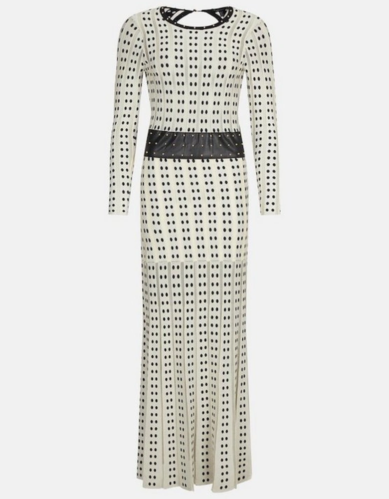 Sheer Knit Polka Dot Stud Detail Jacquard Maxi Dress