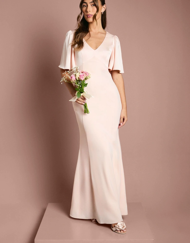 Contrast Satin Angel Sleeve Open Back Bridesmaid Dress