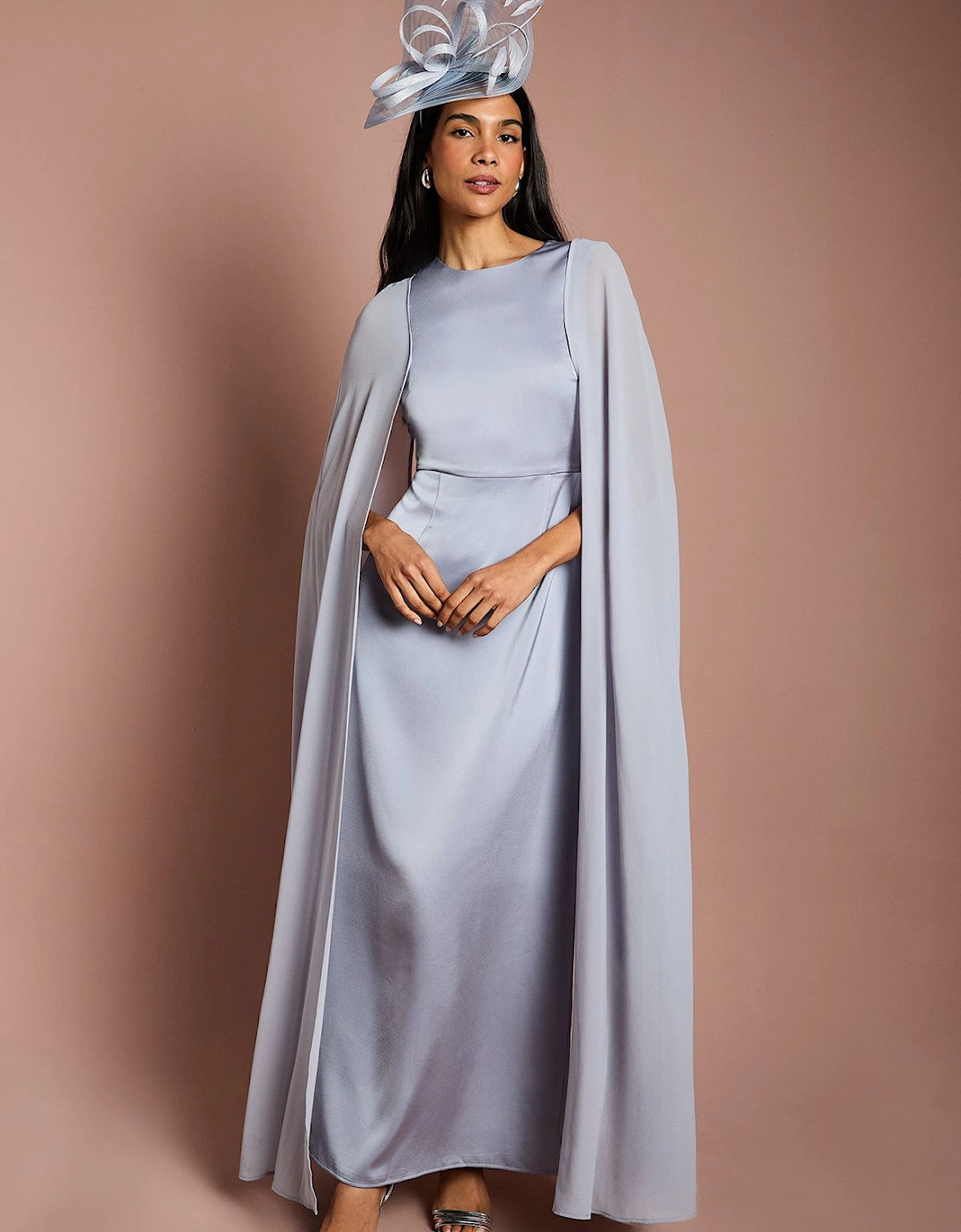 Sleeveless Crepe Maxi Dress With Chiffon Cape, 2 of 1
