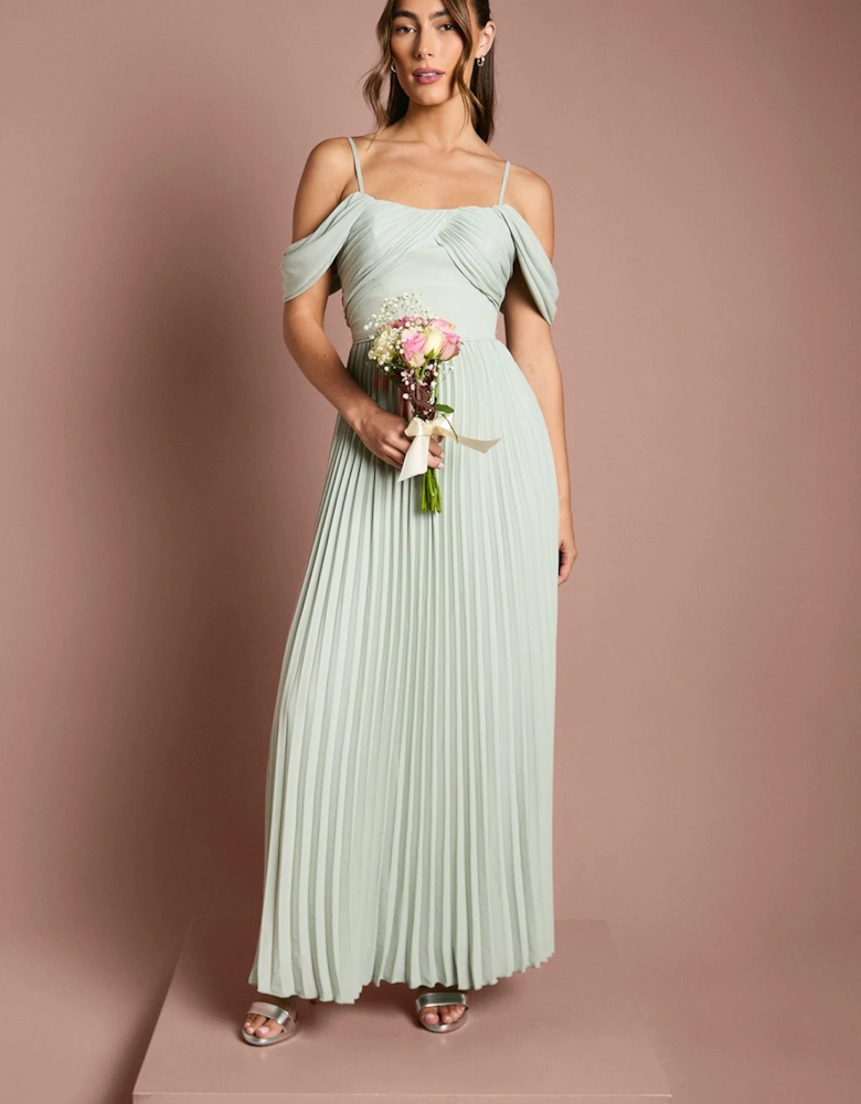 Bardot Pleated Maxi Bridesmaid Dress