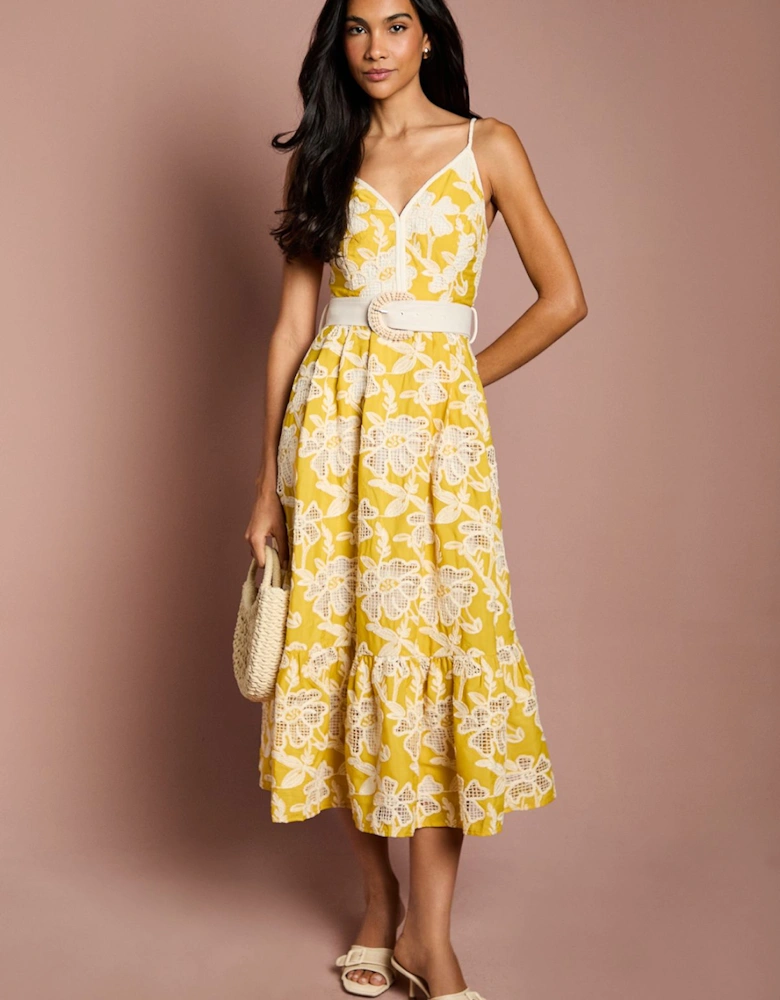 Strappy V Neck Belted Lace Midi Dress