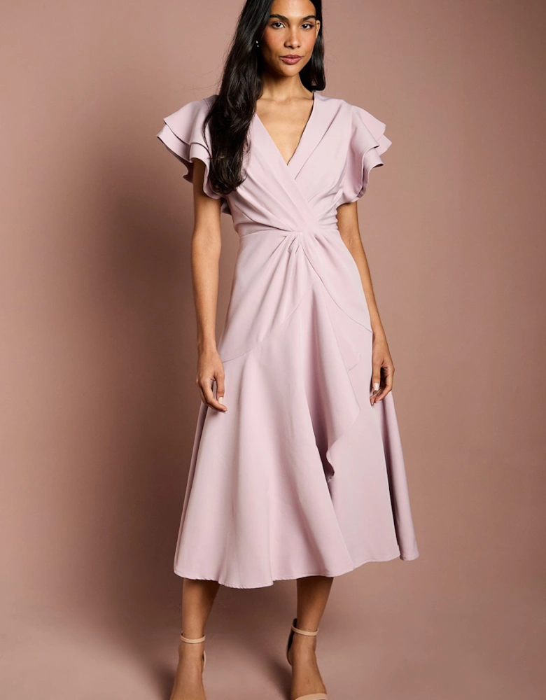 Short Sleeve V Neck Wrap Front Midi Dress