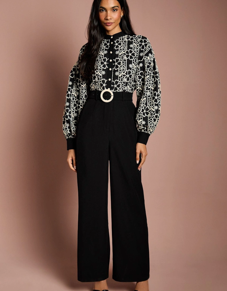 Blouson Sleeve Belted Wide Leg Jumpsuit