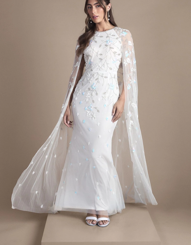 Floral Embellished Cape Maxi Wedding Dress