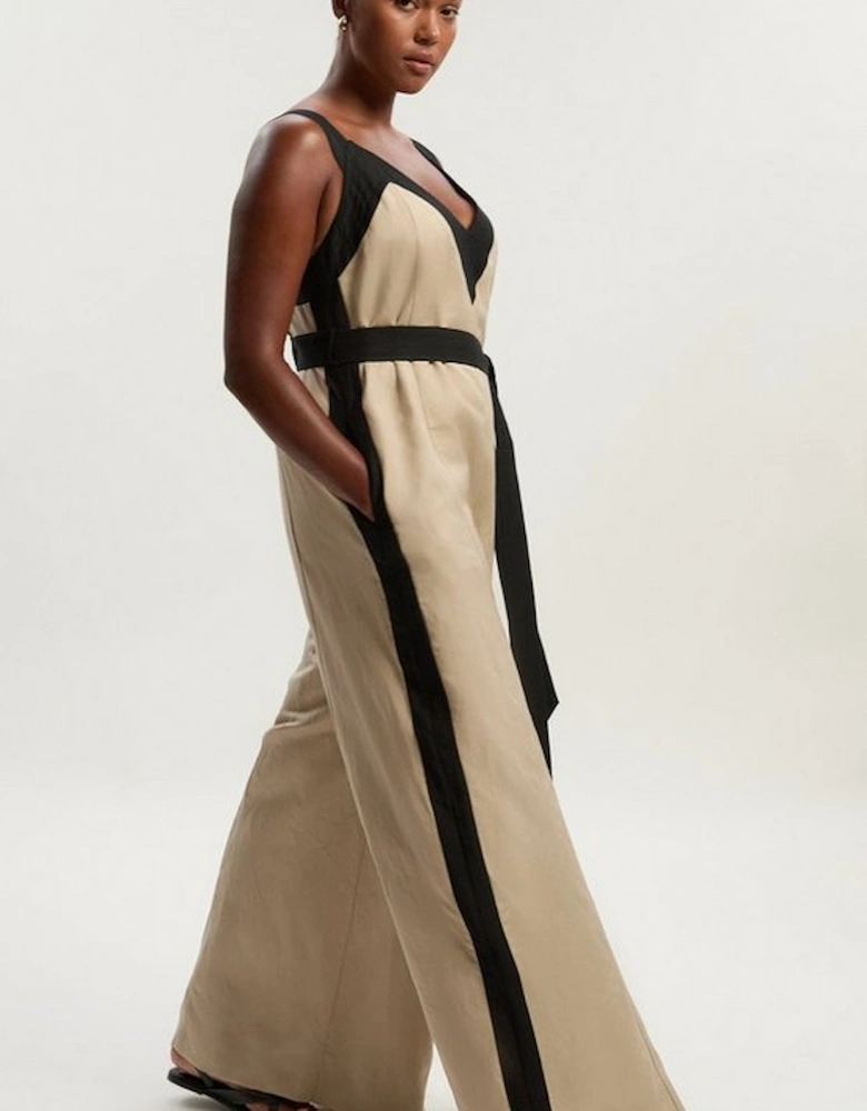 Plus Size Contrast Linen Cross Back Woven Jumpsuit
