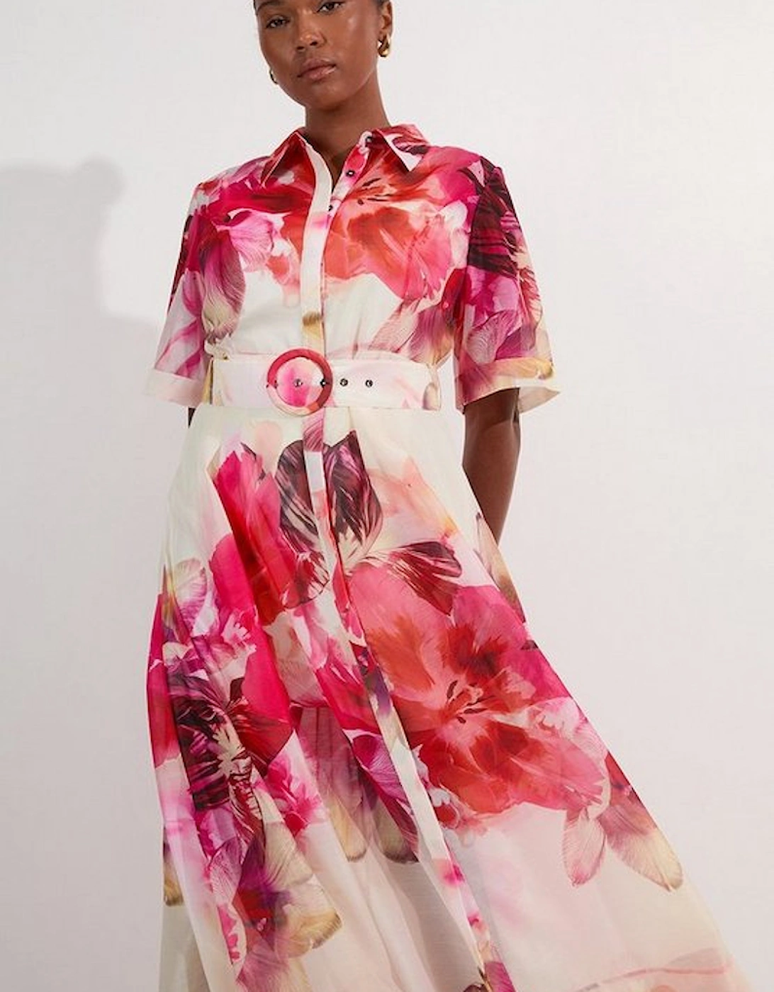 Plus Size Floral Organdie Woven Midi Shirt Dress, 2 of 1