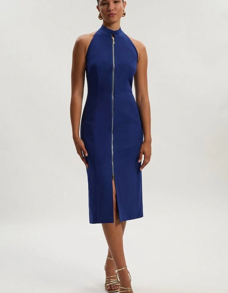 Techno Cotton Halter Neck Zip Detail Woven Midi Dress