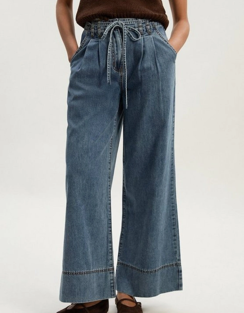 Denim Tie Waist Wide Leg Tailored Trouser