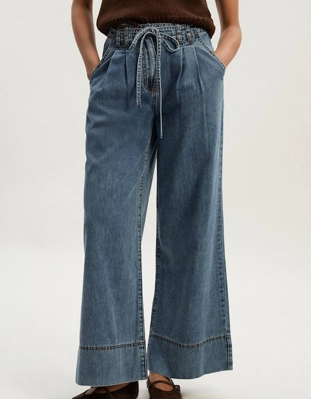 Denim Tie Waist Wide Leg Tailored Trouser, 2 of 1
